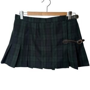Y2K Brandy Melville Dk Green Plaid Pleated Mini Wrap Skirt One Size Range 2-4
